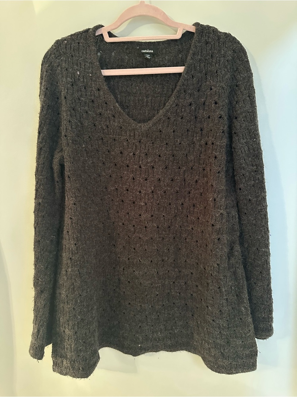 Castaluna Charcoal Grey Open Knit V-Neck Sweater Size 14/16 M